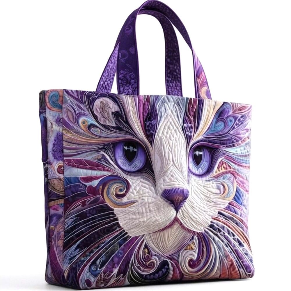 Purple Cat Tote Bag Quilted Fabric Handbag Purple Eyes Animal Print Large